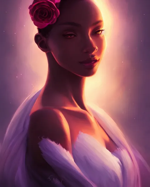 Prompt: black rose beauty portrait, night, celestial aura of light, artgerm, wlop, sylvain sarrailh, photorealism, artstation