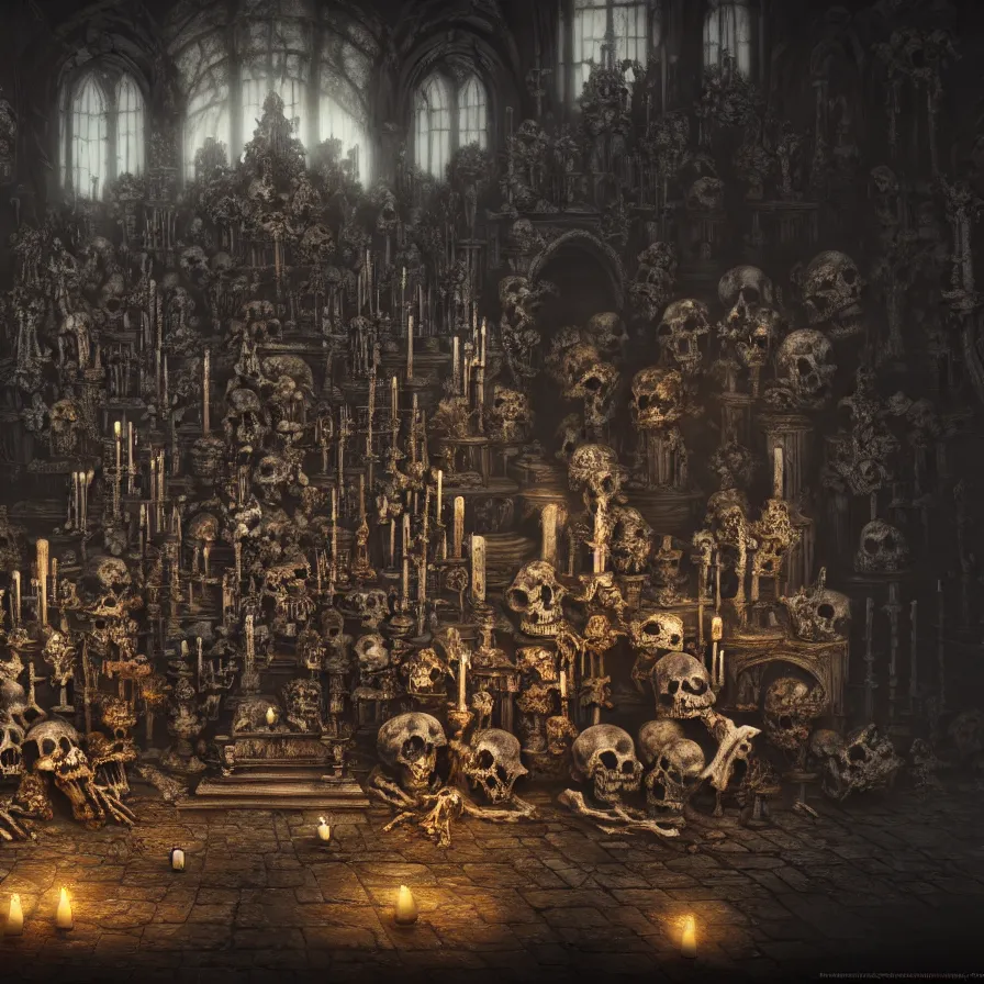 Image similar to full color, low ultrawide interior shot of sedlec ossuary, bones, anime style mixed with fujifilm, oil on canvas, hdr, dark, foggy, atmospheric, artstation, cgsociety, octane render, cgi, denoise, detailed, cinematic masterpiece