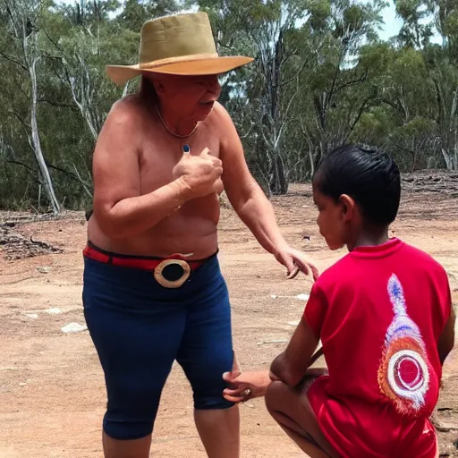 Prompt: pauline handson being rude to a small innocent aboriginal child on sacred land