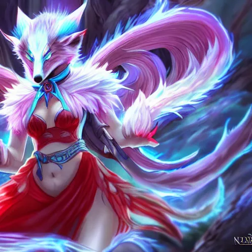 Image similar to league of legends splash art, white and blue, nine-tailed fox, kitsune, asian girl in red and white traditional chinese dress with black fox ears and nine white fox tails, black hair, glowing magical blue spirit orb, forest, shadowy