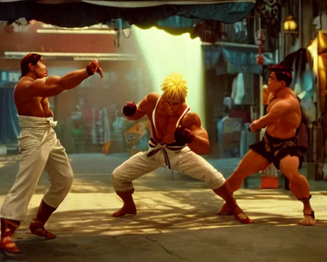 Prompt: a still of a photo real life Ken's stage in the movie Street Fighter: The Movie (1994), HDR, high quality, 8k, highly detailed and intricate,