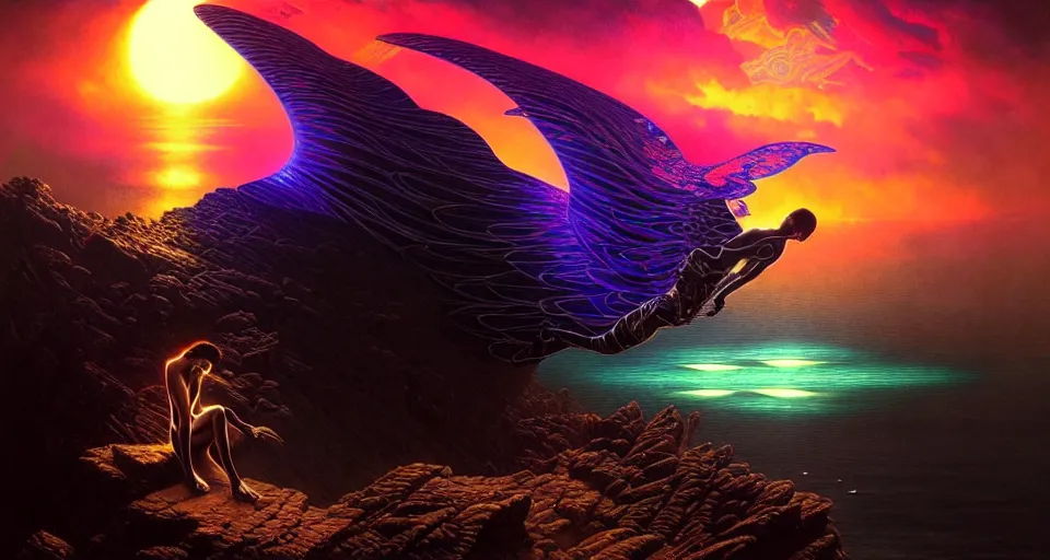 Image similar to psychedelic tron wings in front mind bending sunset, cliffside ocean scene, backlit, intricately aesthetic, surreal, diffuse lighting, hyper realistic, elegant, intricate, hyper detailed, smooth, sharp focus, concept art, illustration, trending on artstation, art by artem demura, greg rutkowski, james gurney, and alphonse mucha