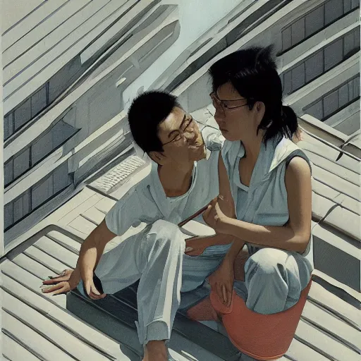 Prompt: art of two singapore students on the roof of a hdb flat, by syd mead