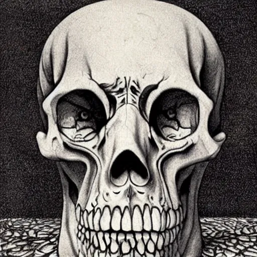 Prompt: spooky, scary art by Maurits Cornelis Escher, detailed skulls, mathematical art
