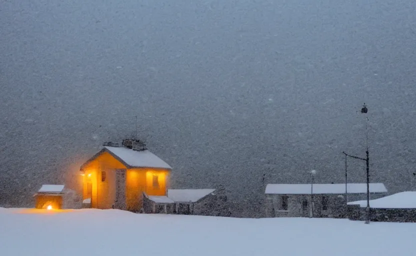 Prompt: Snowy Landscape with Blizzard and heavy snow, a Small shack in the distance with orange lights in the windows