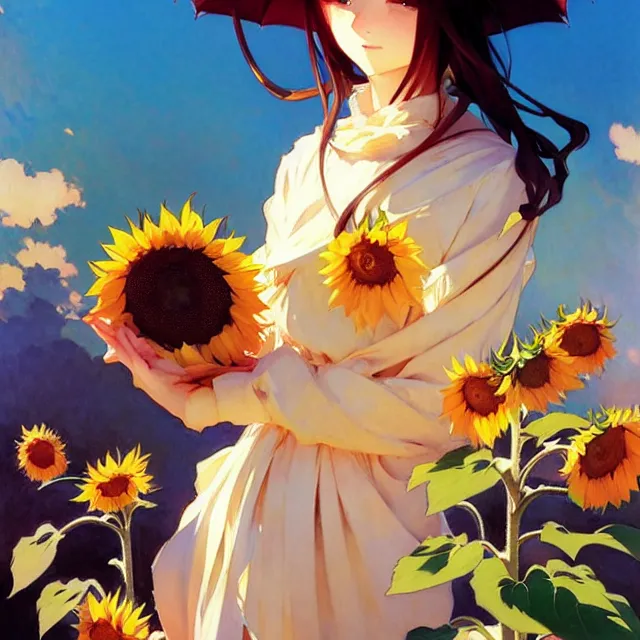 Image similar to beautiful sunflower anime girl, krenz cushart, mucha, ghibli, by joaquin sorolla rhads leyendecker, by ohara koson and thomas