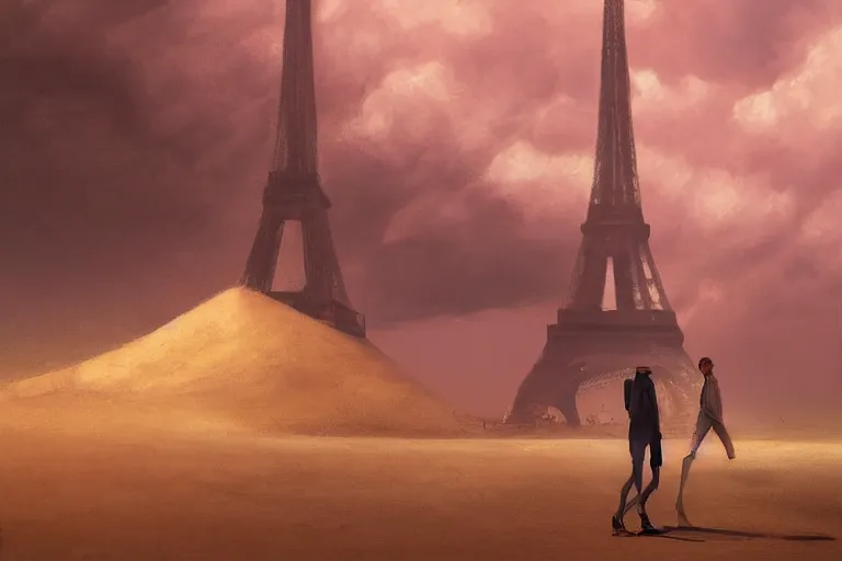 Prompt: a tall skinny man in the desert looking at the summit of the Eiffel Tower partly emerging from the sand by Jonas De Ro, digital painting, cinematic lights, atmospheric, sand, stormy horizon