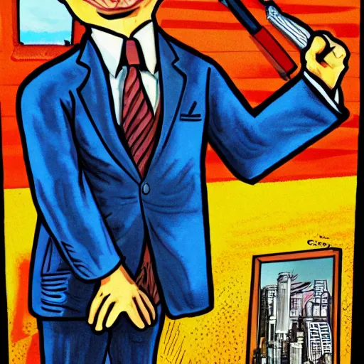 Image similar to The Artwork of R. Crumb and his Cheap Suit Saul-Goodman-Better-Call-Saul, pencil and colored marker artwork, trailer-trash lifestyle