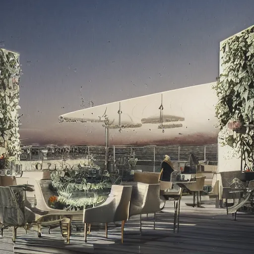 Image similar to modern rooftop restaurant inspired by plant structures and biomimicry, modern lighting, hyper - realistic, hyper - detailed, 8 k, octane rendered, art nouveau, organic, flowing. torsion, dynamic, golden ratio, epic composition