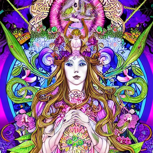 Image similar to NeoPagan Goddess of Spring, inside her temple, in a blended style by Junko Mizuno, Möbius, and Peter Chung, hyper detailed, 4k photorealistic digital art, flat colors, dramatic composition, extremely fine inking lines