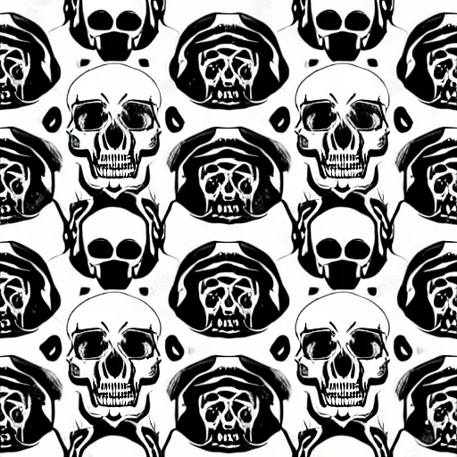 Image similar to seamless pattern showing skulls. black and white, drawing, white background, seamless, ornament.