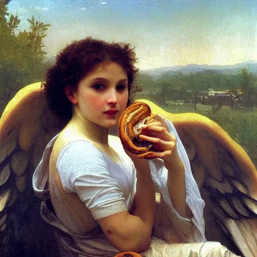 Image similar to a glorious oil painting of an angel inside a car eating a bagel, by Bouguereau, highly realistic and intricate