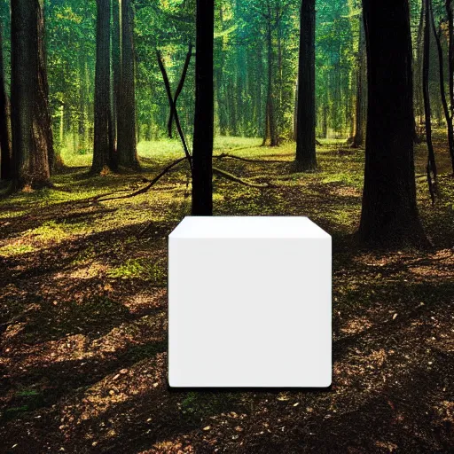 Prompt: A bob ross painting of a white concrete cube sitting in a forest clearing, digital art