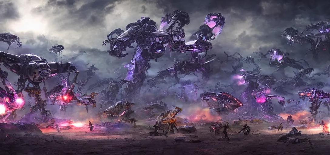 Image similar to epic army of chrome robots battle creatures on alien planet, explosions, smoke, purple and red lazers, landscape, alex ross, neal adams, david finch, war, concept art, matte painting, highly detailed, rule of thirds, dynamic lighting, cinematic, detailed, denoised, centerd