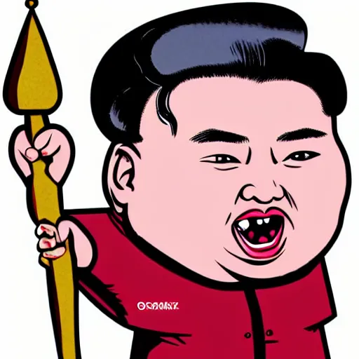 Prompt: screaming kim jong un holding a staff, wearing crown, cartoon character, digital art, fun,
