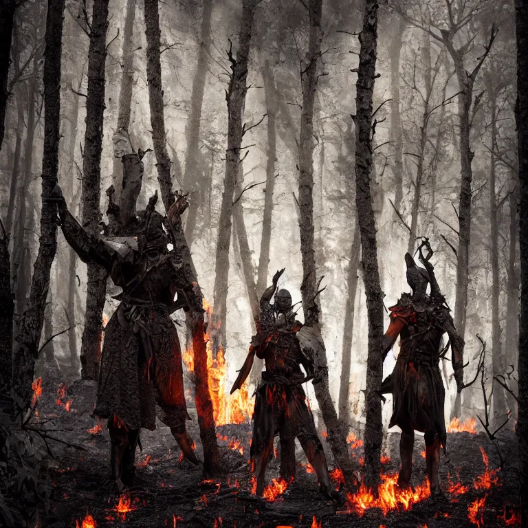 Image similar to burned forest to ashes with two knights standing there, highly detailed, smooth, sharp focus, portrait, concept art, intricate details, fantasy poster, dark athmosphere, 8 k. lifelike. nikon d 8 5 0