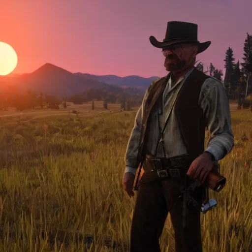 Prompt: Walter White as a character in Red Dead Redemption 2, forest during sunset, realistic screenshot