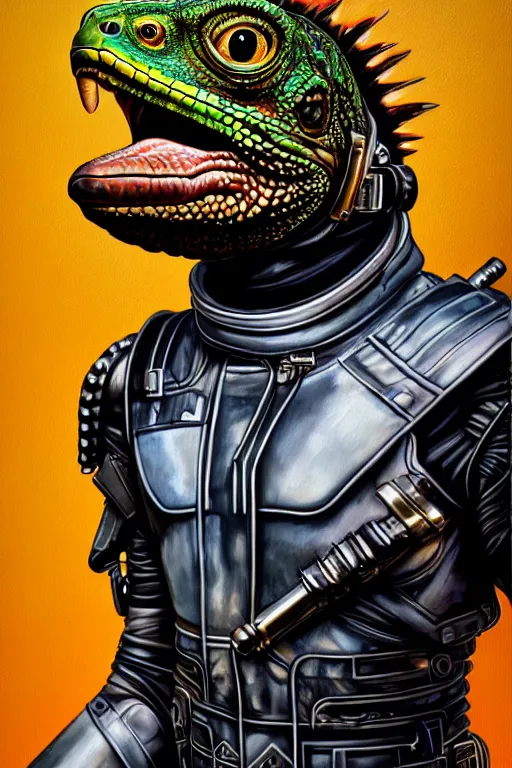 Image similar to a portrait of a muscular anthropomorphic cyberpunk iguana! in leather spacesuit armor with a large head by sandra chevrier, by jon foster, detailed render, pistol in holster, tape deck, epic composition, cybernetics, 4 k realistic, cryengine, realistic shaded lighting, sharp focus, masterpiece, by enki bilal