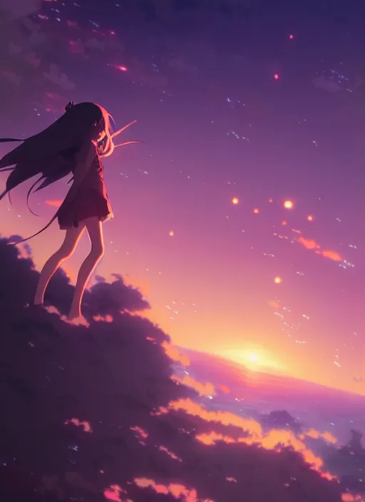 Image similar to anime girl floating against the backdrop of dawn, saturn in the background, illustration, concept art, anime, key visual, trending pixiv fanbox by wlop and greg rutkowski and makoto shinkai and studio ghibli