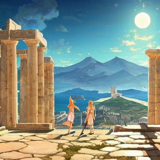 Prompt: Greek Gods, The temple of Apollo, Naxos, bright sky, natural lighting , by Makoto Shinkai, Marc Simonetti,Peter Mohrbacher , Miyazaki, Nausicaa Ghibli, Breath of The Wild