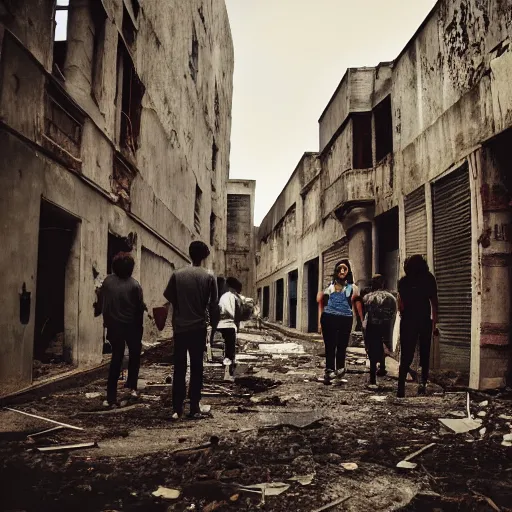 Image similar to A group of people exploring an abandoned city, dark theme, art