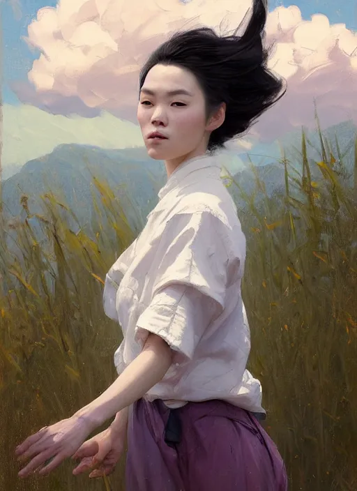 Image similar to portrait of Nezuko, countryside, calm, fantasy character portrait, dynamic pose, above view, sunny day, thunder clouds in the sky, artwork by Jeremy Lipkin and Giuseppe Dangelico Pino and Michael Garmash and Rob Rey, very coherent asymmetrical artwork, sharp edges, perfect face, simple form, 100mm