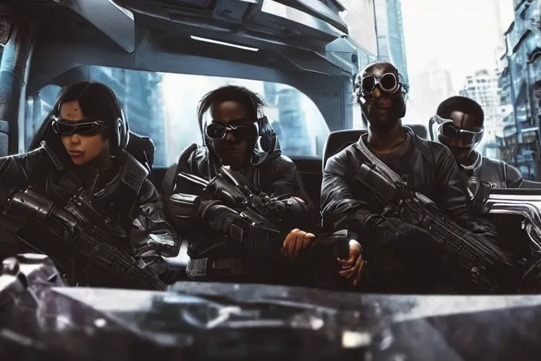 Prompt: movie diverse interracial team of Japanese sci-fi futuristic robbers armed with rifles interior clean futuristic tactical van, cyberpunk city, sunglasses, goggles, beautiful skin, Symmetrical faces. natural lighting by Emmanuel Lubezki