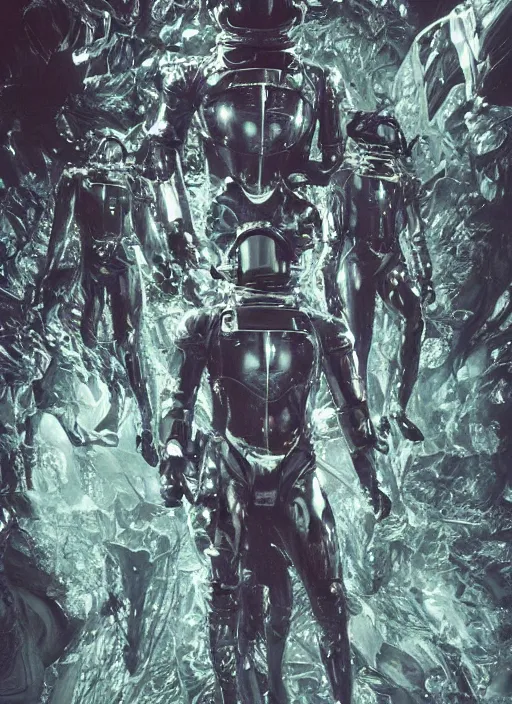 Image similar to astronauts in dark and empty void underwater - complex and hyperdetailed technical suit. reflection and dispersion materials. rays and dispersion of light. volumetric light. 5 0 mm, f / 3 2. noise film photo. flash photography. ultra realistic, wide angle. poster by wayne barlowe, hajime sorayama aaron horkey, craig mullins