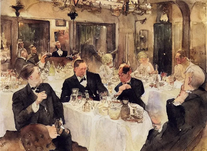 Image similar to gentlemens dinner, singing, roaring twenties, cellar, masterpiece, torches on wall, meat, wine, schnapps, smoking cigars, scantily clad blondes, watercolor by anders zorn and carl larsson, art nouveau