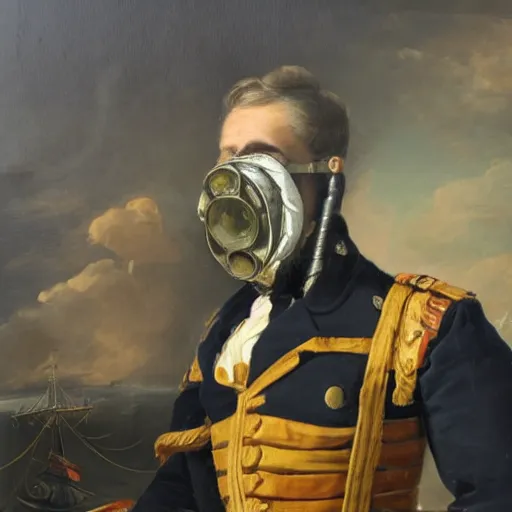 Prompt: an 1800's admiral wearing a gasmask, portrait, oil painting, high detail