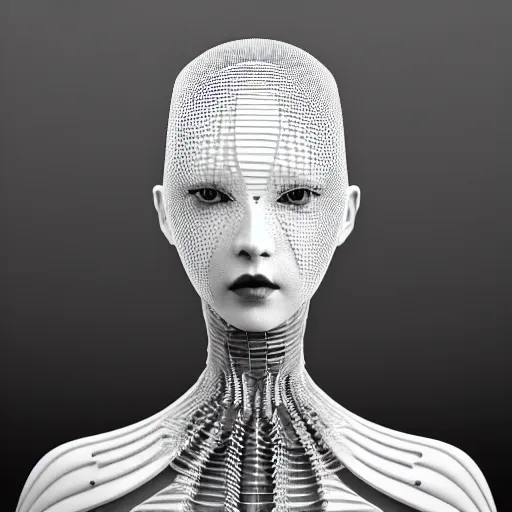 Image similar to closeup portrait of an absurdly beautiful, graceful, sophisticated, fashionable cyberpunk mechanoid gravure idol, an ultrafine hyperdetailed illustration by irakli nadar, matt wisniewski style, fashion photography, intricate linework, porcelain skin, jellyfish headdress, fractal ivory carved ruff, unreal engine 5 highly rendered, global illumination, radiant light, detailed and intricate environment