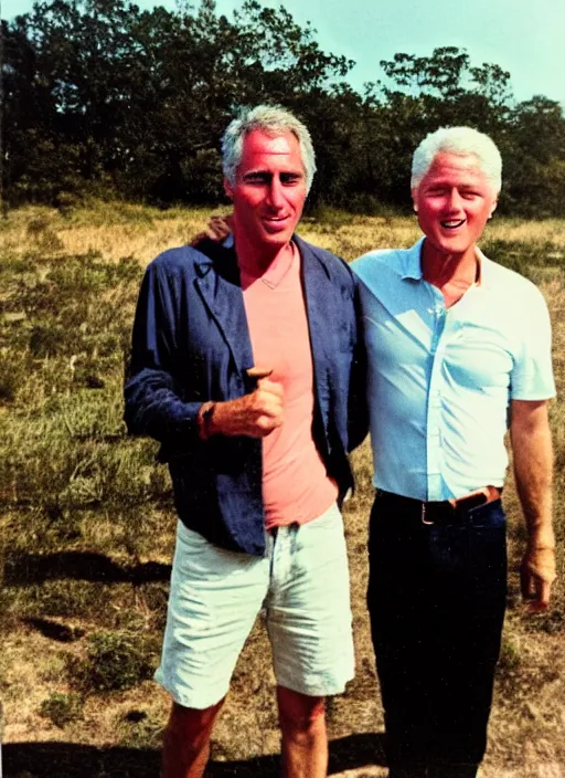 Image similar to polaroid of jeffrey epstein and bill clinton on an island