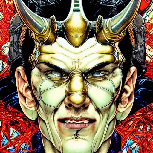 Image similar to portrait of crazy loki, symmetrical, by yoichi hatakenaka, masamune shirow, josan gonzales and dan mumford, ayami kojima, takato yamamoto, barclay shaw, karol bak, yukito kishiro