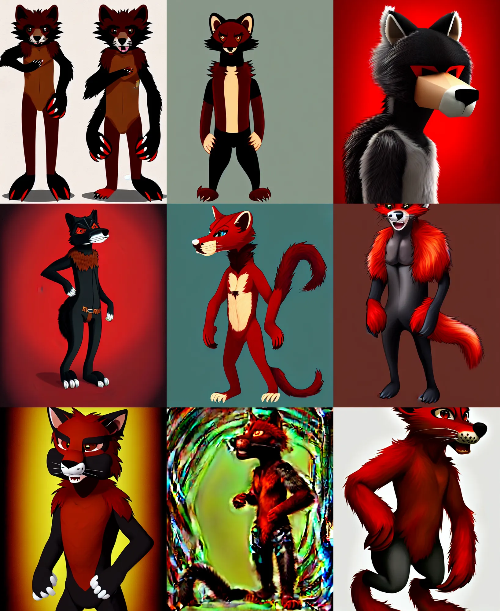 Image similar to fullbody photoshoot photo portrait of a roguish male red - black furred bipedal weasel furry fursona / fursuiter, photorealistic