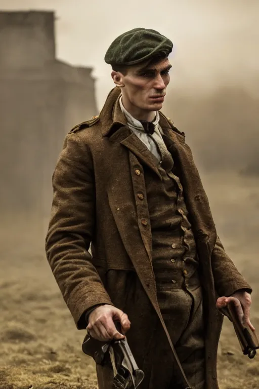 Image similar to a portait photo of Thomas Shelby in a battlefield, epic image, path tracing, complementary colours, high quality, 4k HDR, dramatic lighting, cinematic, highly detailed, high coherence, dedined face, anatomically correct, five fingers, war, cold environment