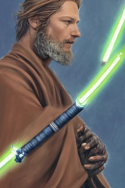 Prompt: Travis Fimmel as a Jedi Master, holding a lightsaber, long beard, highly detailed, digital painting, trending on artstation, sharp focus, illustration, SFW, art by greg hildebrandt and alphonse mucha