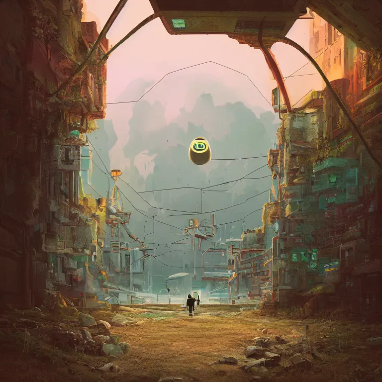 Image similar to through a portal. Detailed digital matte painting in the style of simon stalenhag