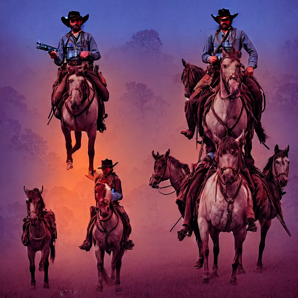Image similar to red dead redemption art by james jean, photoillustration, mystical baroque, pastel synthwave