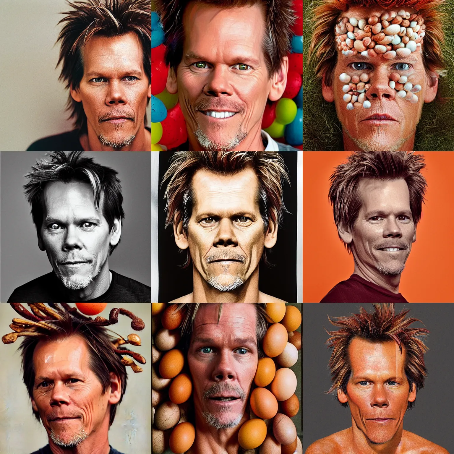 Prompt: a photo of kevin bacon, his hair is made of bacon, his eyes made of eggs, by arcimboldo