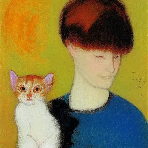 Prompt: a woman with short brown hair and her orange kitten by odilon redon