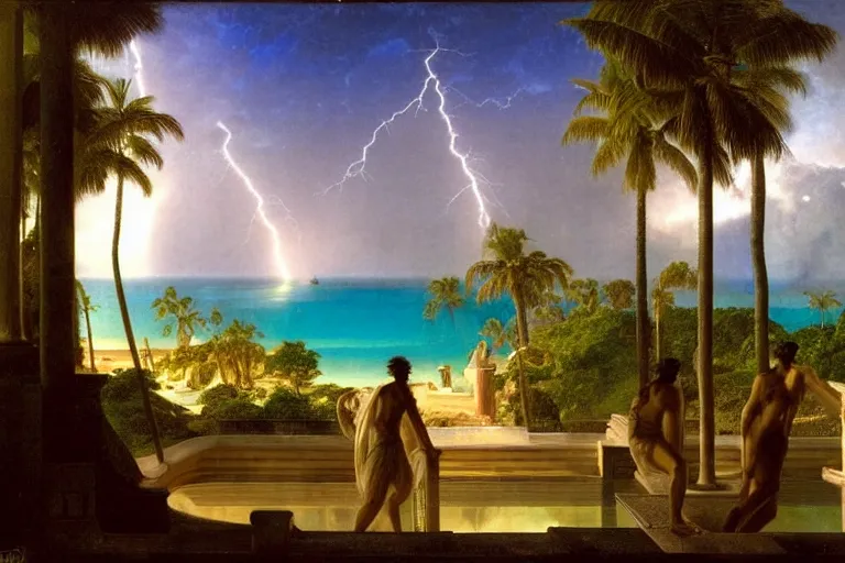 Image similar to From inside of the palace, refracted lightnings on the ocean, thunderstorm, greek pool, beach and Tropical vegetation on the background major arcana sky and occult symbols, by paul delaroche, hyperrealistic 4k uhd, award-winning, very detailed paradise