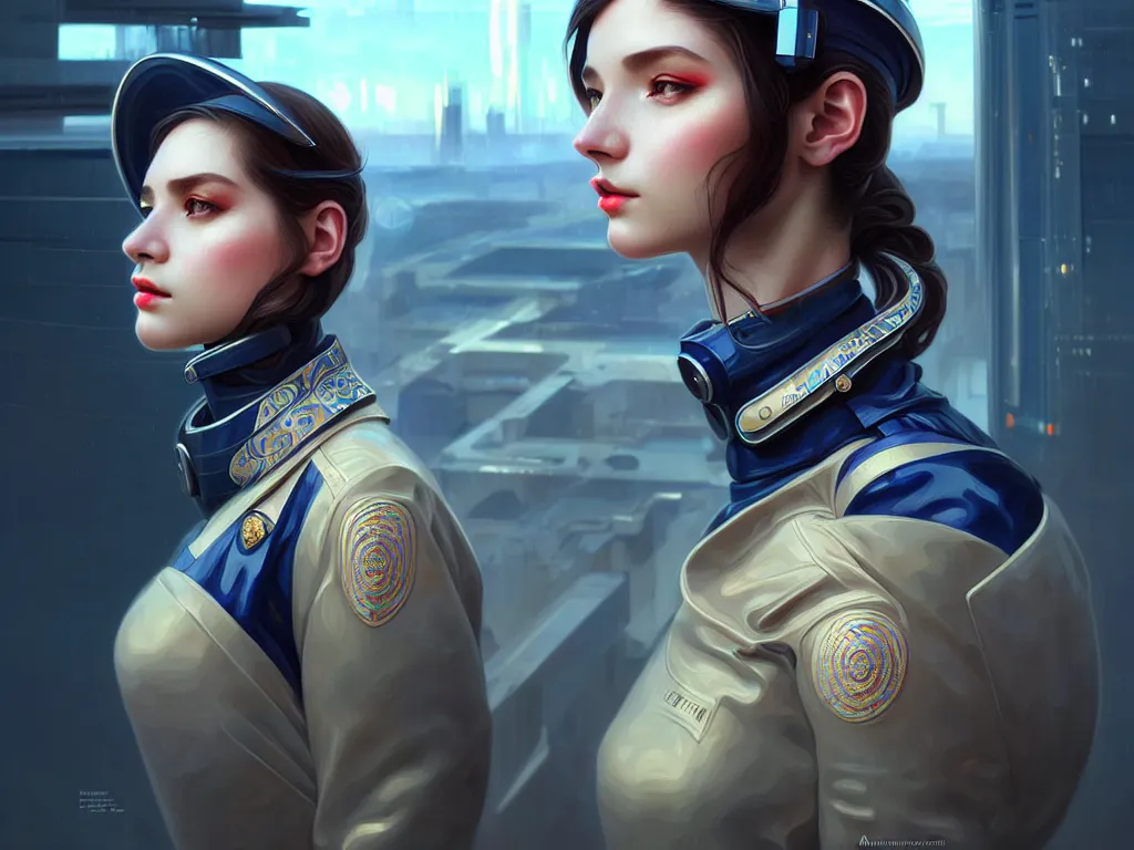 Image similar to portrait futuristic ukraine police uniform girl, at future neon light rooftop, ssci - fi and fantasy, intricate and very very beautiful and elegant, highly detailed, digital painting, artstation, concept art, smooth and sharp focus, illustration, art by tan zi and ayanamikodon and alphonse mucha and wlop