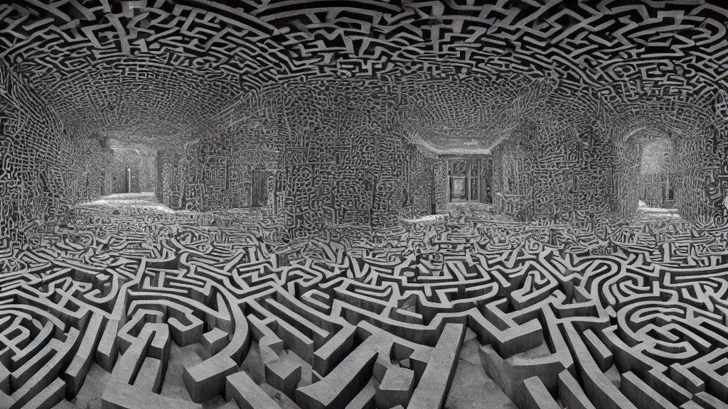 Prompt: a beautiful hyper realistic detailed matte painting of a maze where the walls create the shape of a mad owl, dramatic lighting, dynamic lighting, cinematic lighting, dynamic lighting, cinematic lighting, lit by morning light, by maurits cornelis escher, black and white, featured on artstation, ultrawide angle