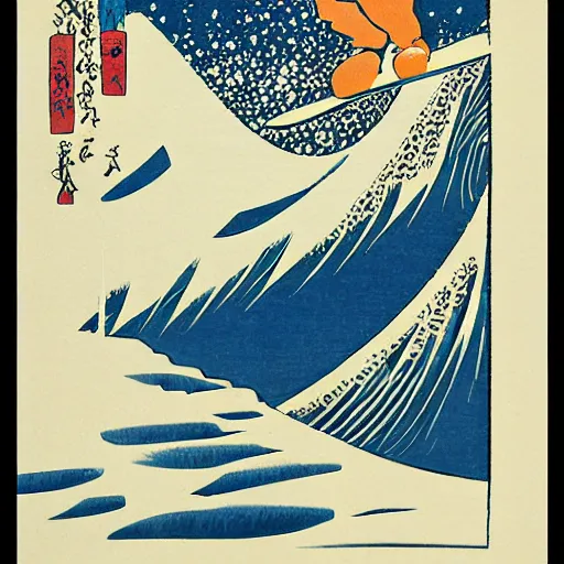 Prompt: snowboarder snowboarding woodblock print, style of hokusai, fine art, style of kanagawa, painting