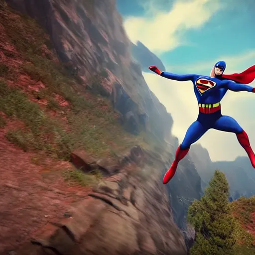 Image similar to a flying superhero catching a child that is falling from a cliff. photorealistic. realism. 4 k wideshot. cinematic. unreal engine. artgerm.