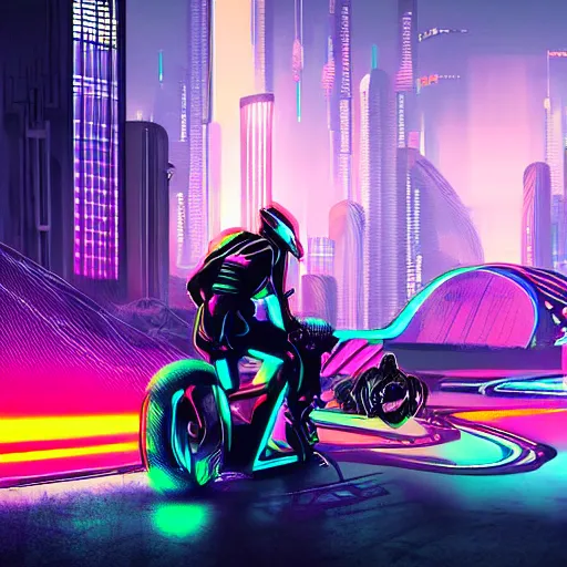 Image similar to cyberpunk, synthwave, cubo - futurism, darksynth, synthwave, retrowave, highly detailed digital art of a tron cyberbike race