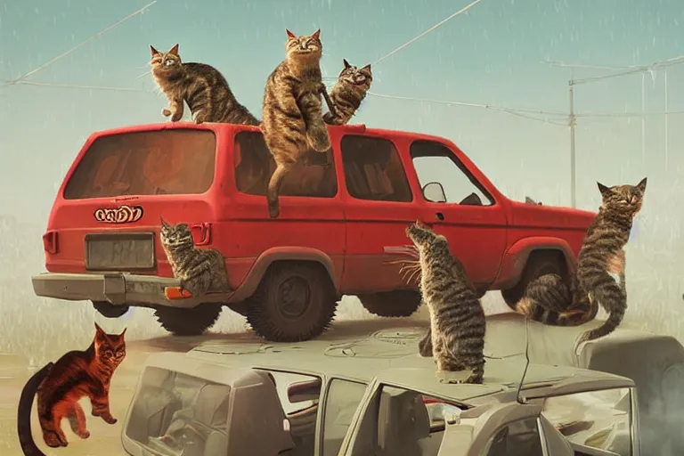 Prompt: cats defending themselves from horde of zombies on a red minivan, sci fi, art by mike winkelmann, trending on cgsociety, retrofuturism, darksynth, sci - fi