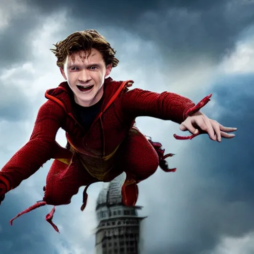 Image similar to tom holland as harry potter flying on dragon, close up, photo