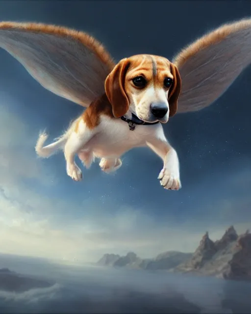 Image similar to cute flying beagle, cinematic, stunning, adorable, highly detailed fur, digital painting, artstation, smooth, hard focus, illustration, art by jessica rossier and and brian froud