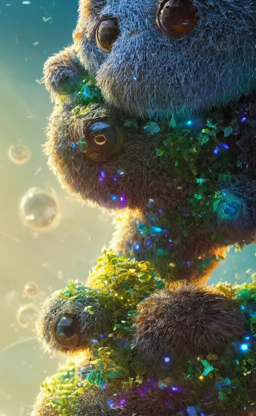 Image similar to microscopic tardigrades, magical forest, community, water bear, robots, electric, furry, soft, concept art, intricate details, highly detailed, photorealistic, disney pixar, octane render, iridescent, anime, 8 k